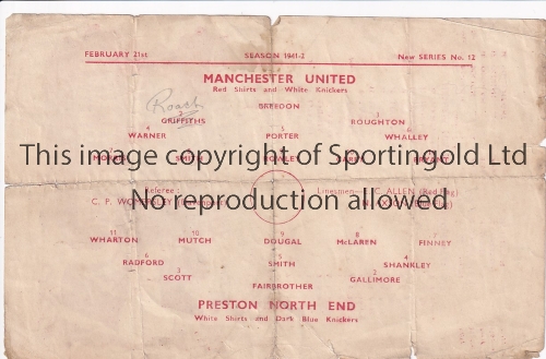 MAN UTD - PRESTON 42 Single sheet Manchester United home programme v Preston, 21/2/42, scarce