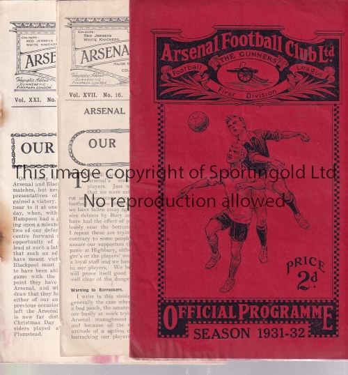 ARSENAL RESERVES Three Arsenal Reserves home programmes, two without covers v Bristol City 32/33 (