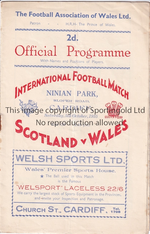 WALES - SCOTLAND 1935 Wales home programme v Scotland, 5/10/1935, at Ninian Park, Cardiff, fold,