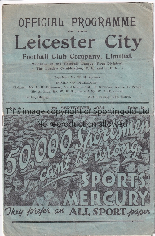 LEICESTER - ASTON VILLA 1934 Leicester home programme v Aston Villa, 8/9/1934, folds, some creasing.