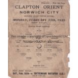 CLAPTON ORIENT - NORWICH 1935 Clapton Orient single sheet Reserves home programme v Norwich, 11/2/