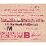 TICKET MAN UTD 54 Match ticket, Aston Villa v Manchester United, 28/12/54, Reserved Seat, folds.