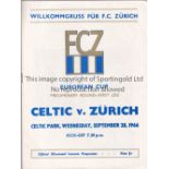 CELTIC - ZURICH 66 Celtic home programme v Zurich, 28/9/66, European Cup, Celtic defeated Inter