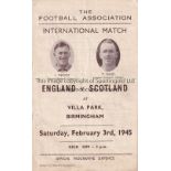 ENGLAND V SCOTLAND 1945 Programme for the International at Villa Park 3/2/1945, folded. Generally