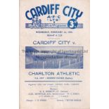 CARDIFF - CHARLTON CUP Cardiff home programme v Charlton, 1/2/50, midweek Cup replay, fold, score