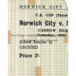 NORWICH - MAN UTD TICKET Norwich match ticket v Manchester United, 10/1/59, Cup, torn in half upon