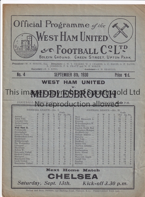 WEST HAM - MIDDLESBROUGH 1930 West Ham home programme v Middlesbrough, 8/9/1930, slight fold, score,