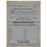 WEST HAM - MIDDLESBROUGH 1930 West Ham home programme v Middlesbrough, 8/9/1930, slight fold, score,