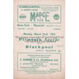 PLYMOUTH - BLACKPOOL 54 Plymouth home programme v Blackpool, 22/3/54, friendly, slight fold, faint