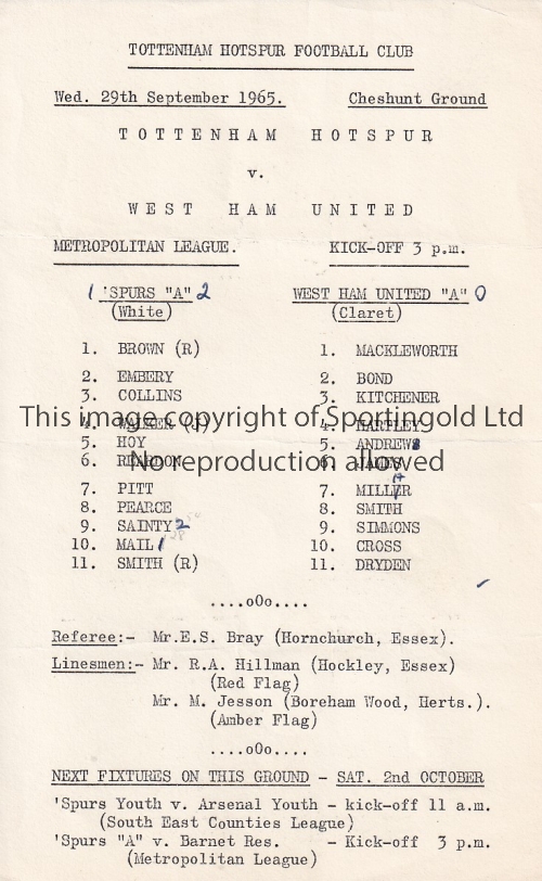 TOTTENHAM "A" - WEST HAM "A" 65 Tottenham "A" single sheet home programme v West Ham "A", 29/9/65 at