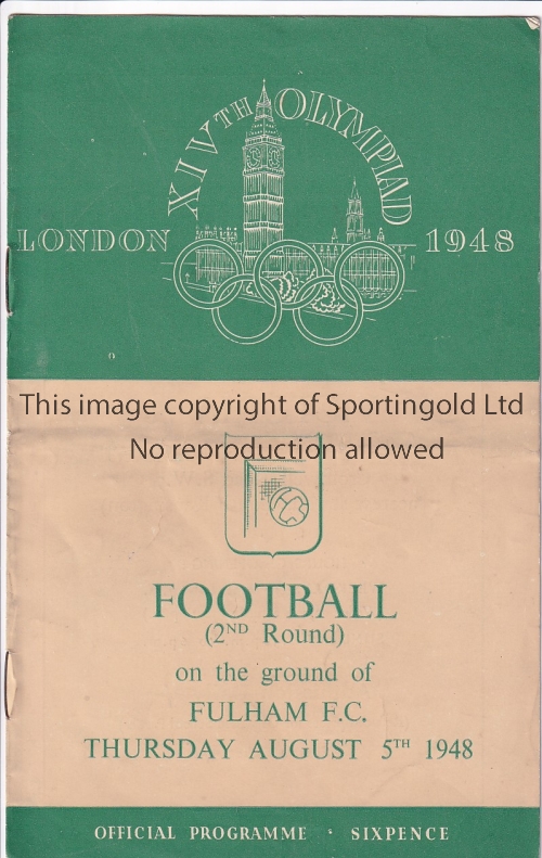 1948 OLYMPIC GAMES Football programme, 1948 Olympic Games for match played at Fulham, 5/8/48, Second
