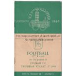 1948 OLYMPIC GAMES Football programme, 1948 Olympic Games for match played at Fulham, 5/8/48, Second