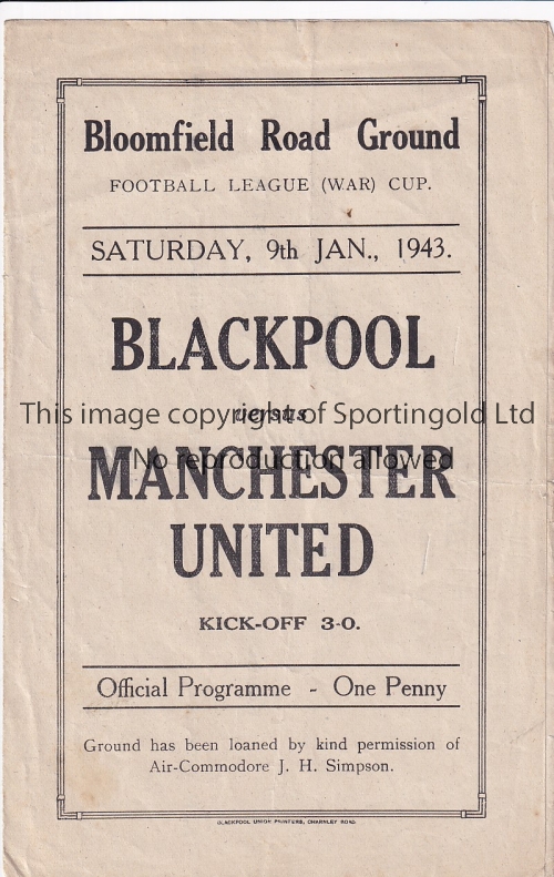 BLACKPOOL - MAN UTD 43 Blackpool home programme v Manchester United, 9/1/43, Football League War