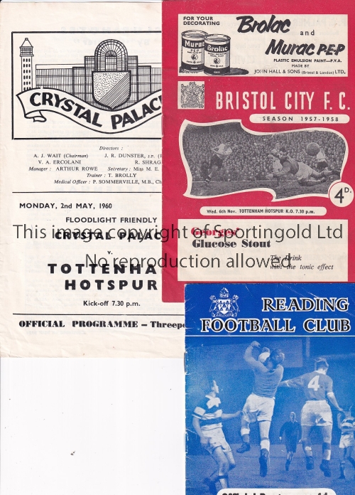 TOTTENHAM Three Tottenham away friendly match programmes, at Reading 21/10/59, Bristol City 6/11/