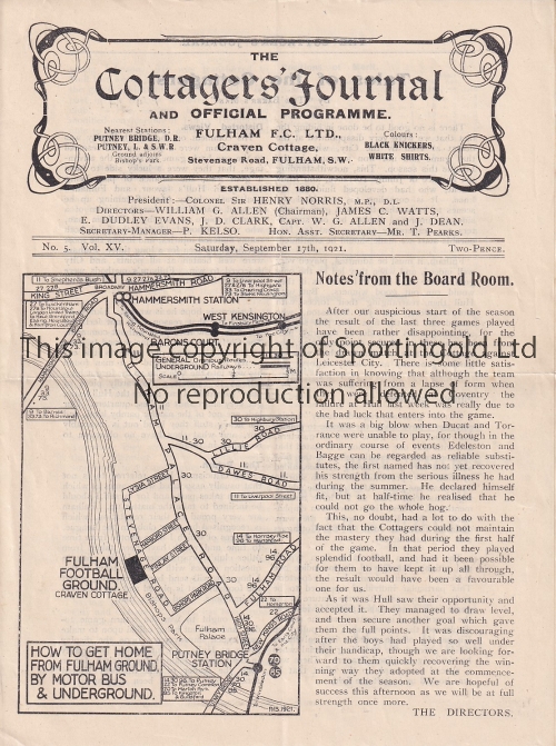 FULHAM - HULL 1921 Fulham home programme v Hull City, 17/9/1921, complete four page issue, fold,