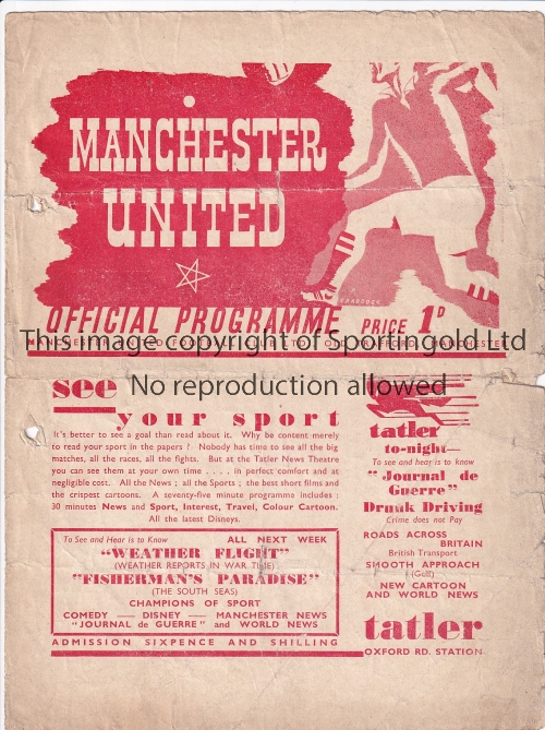 MAN UTD - BLACKBURN 1940 Very scarce Manchester United four page wartime home programme, v Blackburn