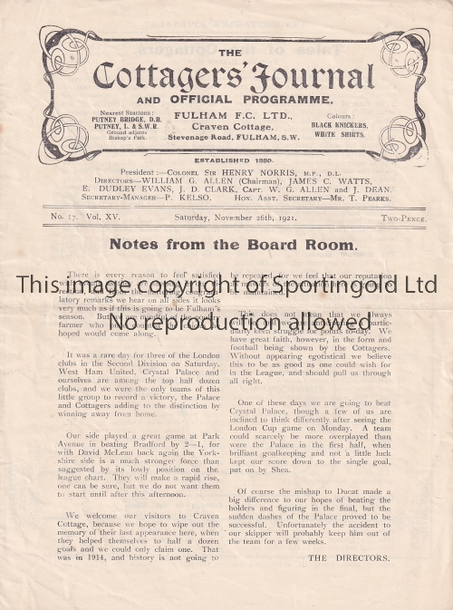 FULHAM - BRADFORD PA 1921 Fulham home programme v Bradford Park Avenue, 26/11/1921, complete four