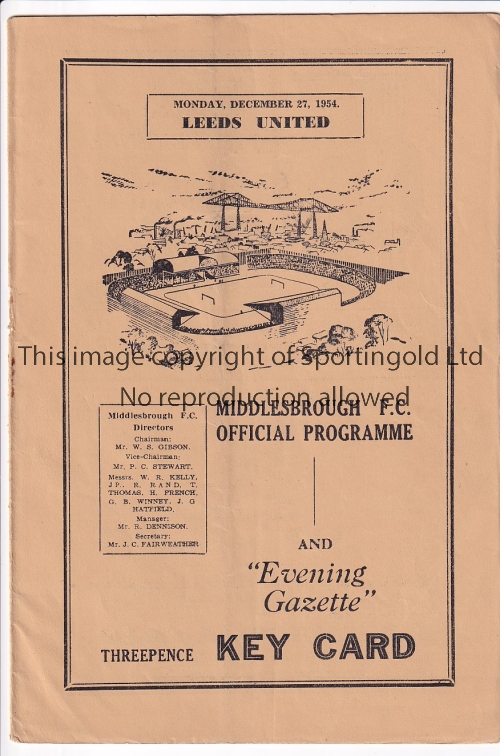 MIDDLESBROUGH - LEEDS 54 Middlesbrough home programme v Leeds, 27/12/54, Division 2, slight fold.