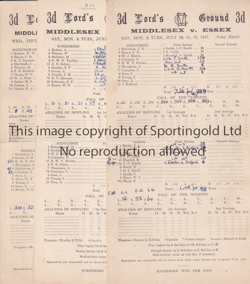 MIDDLESEX CRICKET Collection of 28 Middlesex scorecards, 1940s to mid 50s. 16 are 1940s. Includes