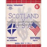 SCOTLAND - USA 52 Scotland home programme v USA, 30/4/52 at Hampden, slight fold. Generally good