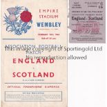 ENGLAND - SCOTLAND 44 Programme and ticket, England v Scotland, 19/2/44 at Wembley, ticket is