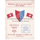 CELTIC - BASEL 63 Celtic home programme v Basel, 9/10/63. Cup-Winners Cup. Generally good