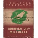 NORWICH / MILLWALL Programme Norwich City v Millwall 29/10/1938. Split at spine but still intact.