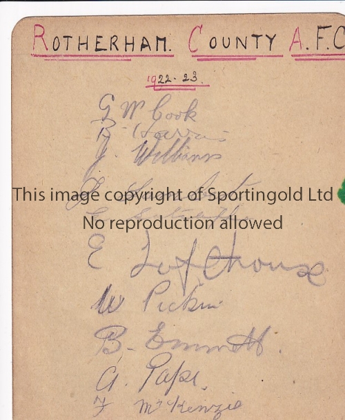 ROTHERHAM COUNTY AUTOGRAPHS 1922/3 An album sheet with 10 autographs. Generally good