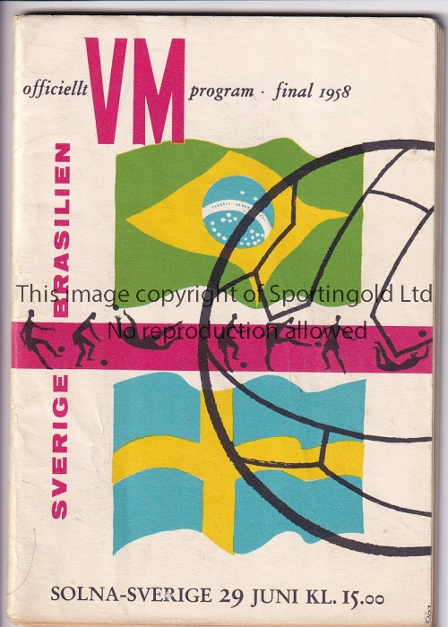 WORLD CUP FINAL 58 World Cup Final programme, 29/6/58, Brazil v Sweden in Stockholm, staple removed,