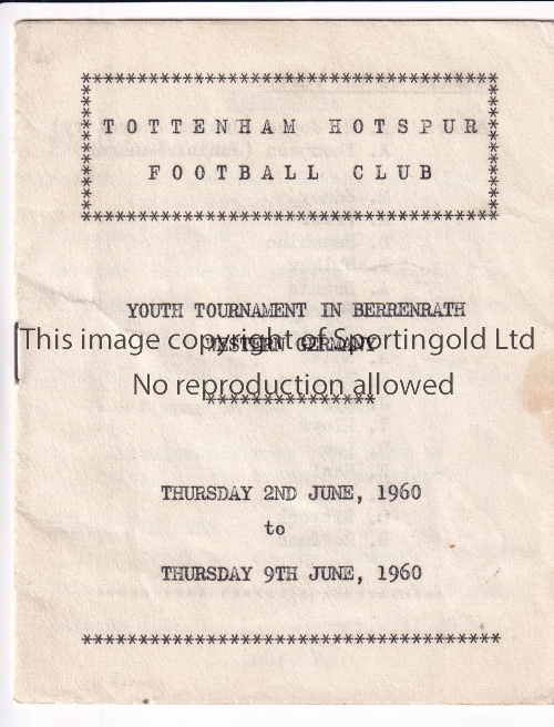 SPURS 1960 Tottenham itinerary issued to their players for the Youth Tournament in Berrenrath