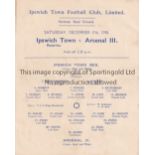 IPSWICH TOWN V ARSENAL 1938 Scarce single card programme for the Southern League match at Portman