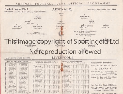 ARSENAL - LIVERPOOL 33 Arsenal home programme v Liverpool, 2/12/1933, score noted., slight fold,