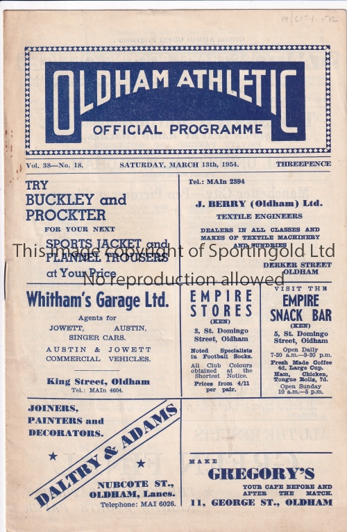 OLDHAM - MAN CITY 53-4 Oldham home programme v Manchester City, 13/3/54, friendly arranged because