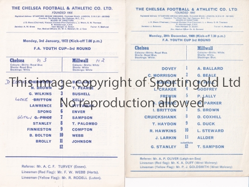 CHELSEA - MILLWALL Two Chelsea Youth Cup matchcards v Millwall, 29/12/69 and 3/1/72, some scores,