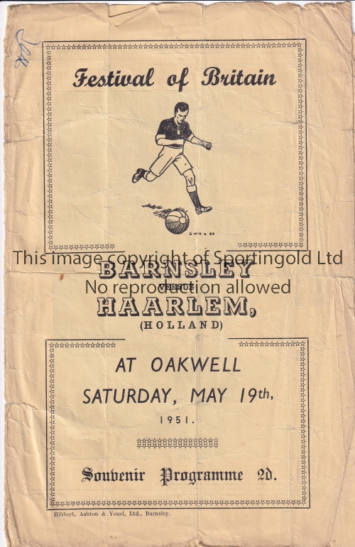 BARNSLEY - F.O.B 51 Barnsley home programme v Haarlem, 19/5/51, Festival of Britain, creased,