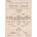 ENGLAND - IRELAND 1925 Matchcard for Amateur International, England v Ireland, 7/11/1925 at