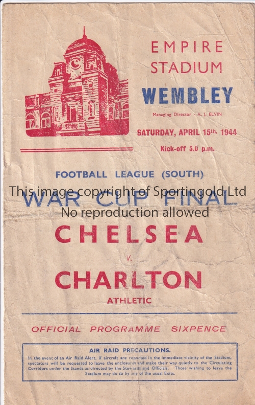 WAR CUP FINAL 1944 Official programme, War Cup Final South, Chelsea v Charlton, 15/4/44 at