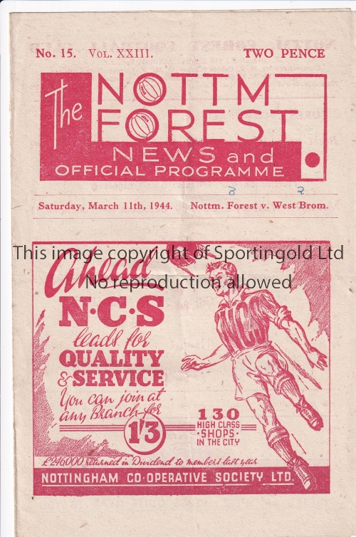 NOTTM FOREST - WEST BROM 43-4 Nottm Forest home programme v West Brom, 11/3/44, minor folds, score