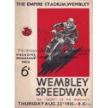 WEMBLEY SPEEDWAY 1935 Wembley Speedway programme v Belle Vue, 22/8/1935, results noted in pencil,