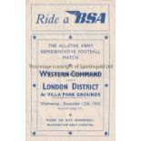 WAR-TIME FOOTBALL AT ASTON VILLA Programme for Western Command v London District 12/12/1945 at Villa