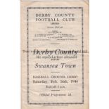 DERBY COUNTY V. SWANSEA TOWN 1946 Programme for the FL South match at Derby 16/2/1946, slightly