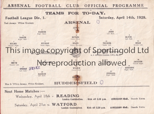 ARSENAL - HUDDERSFIELD 1928 Arsenal home programme v Huddersfield, 14/4/1928, score, changes, staple