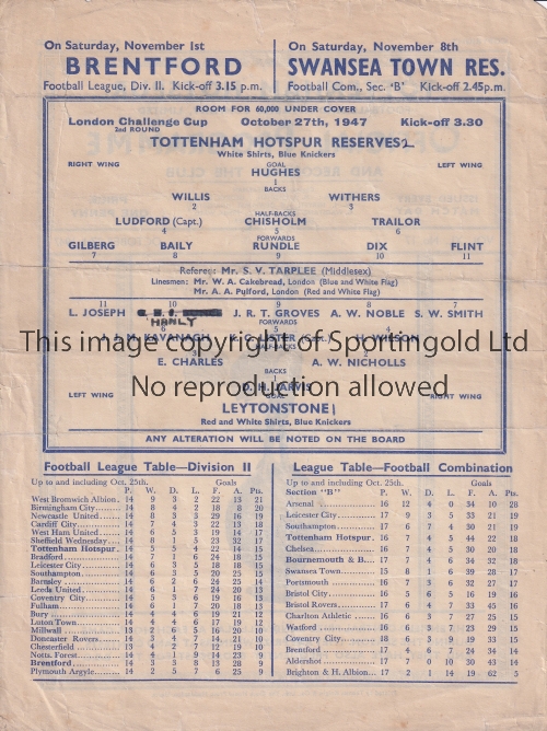 TOTTENHAM HOTPSUR Single sheet programme for the home London Challenge Cup match v Leytonstone 27/