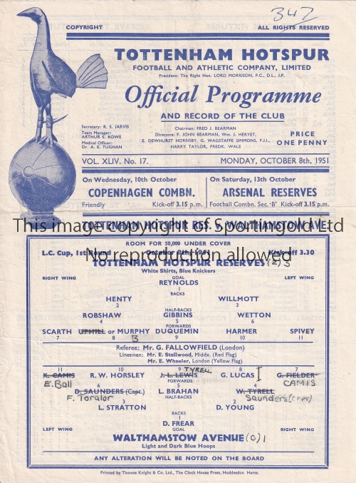 TOTTENHAM HOTPSUR Single sheet programme for the home London Challenge Cup match v Walthamstow