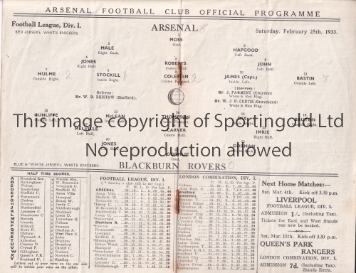 ARSENAL V BLACKBURN ROVERS 1933 Programme for the League match at Arsenal 25/2/1933, slightly