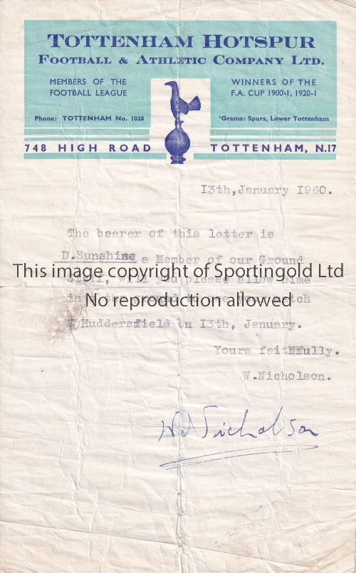 TOTTENHAM 1960 Typed letter on Tottenham notepaper , signed by Tottenham manager W.Nicholson , dated