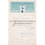 TOTTENHAM 1960 Typed letter on Tottenham notepaper , signed by Tottenham manager W.Nicholson , dated