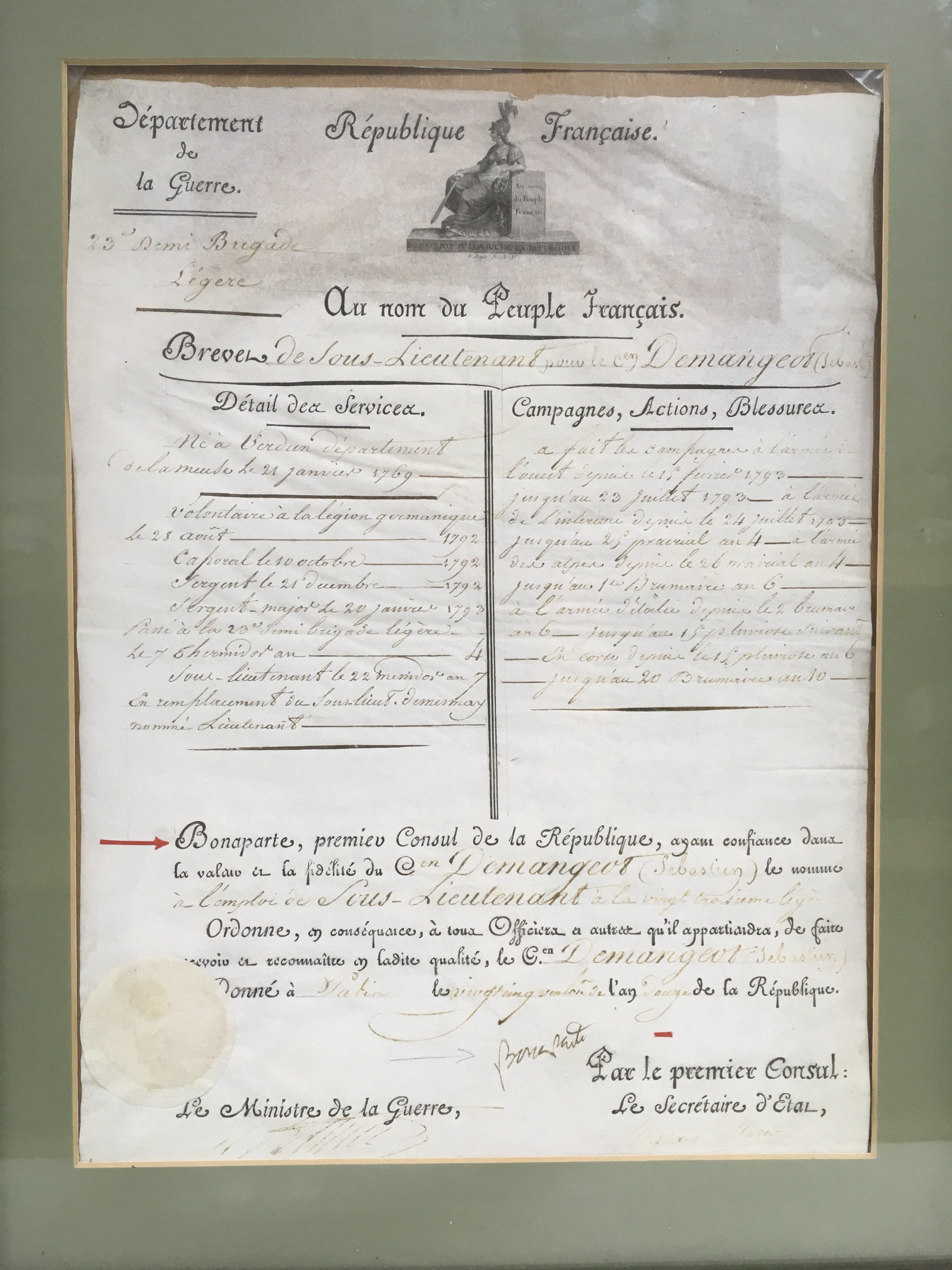 A framed French soldier's CV believed to be bearin