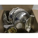A box of containing silver plated trays and other