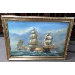 A large gilt framed on canvas painting of rigged g
